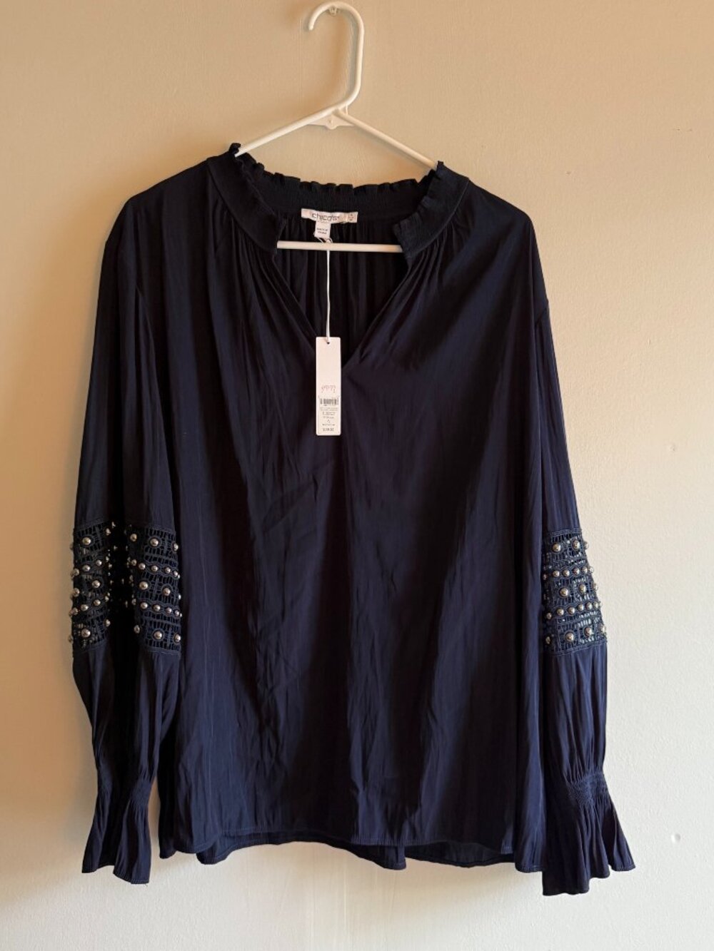 NWT Chico's Soft Volume Popover Top Navy Inset Sleeve Long Sleeve Size 4 XXL